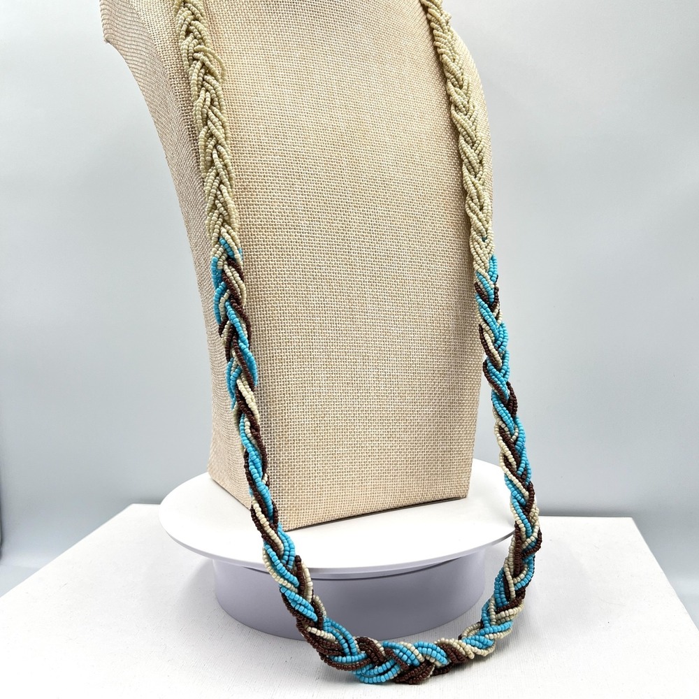 Vintage Multi-Strand Braided Seed Bead Necklace Cream Blue Brown Boho Retro - Picture 11 of 15